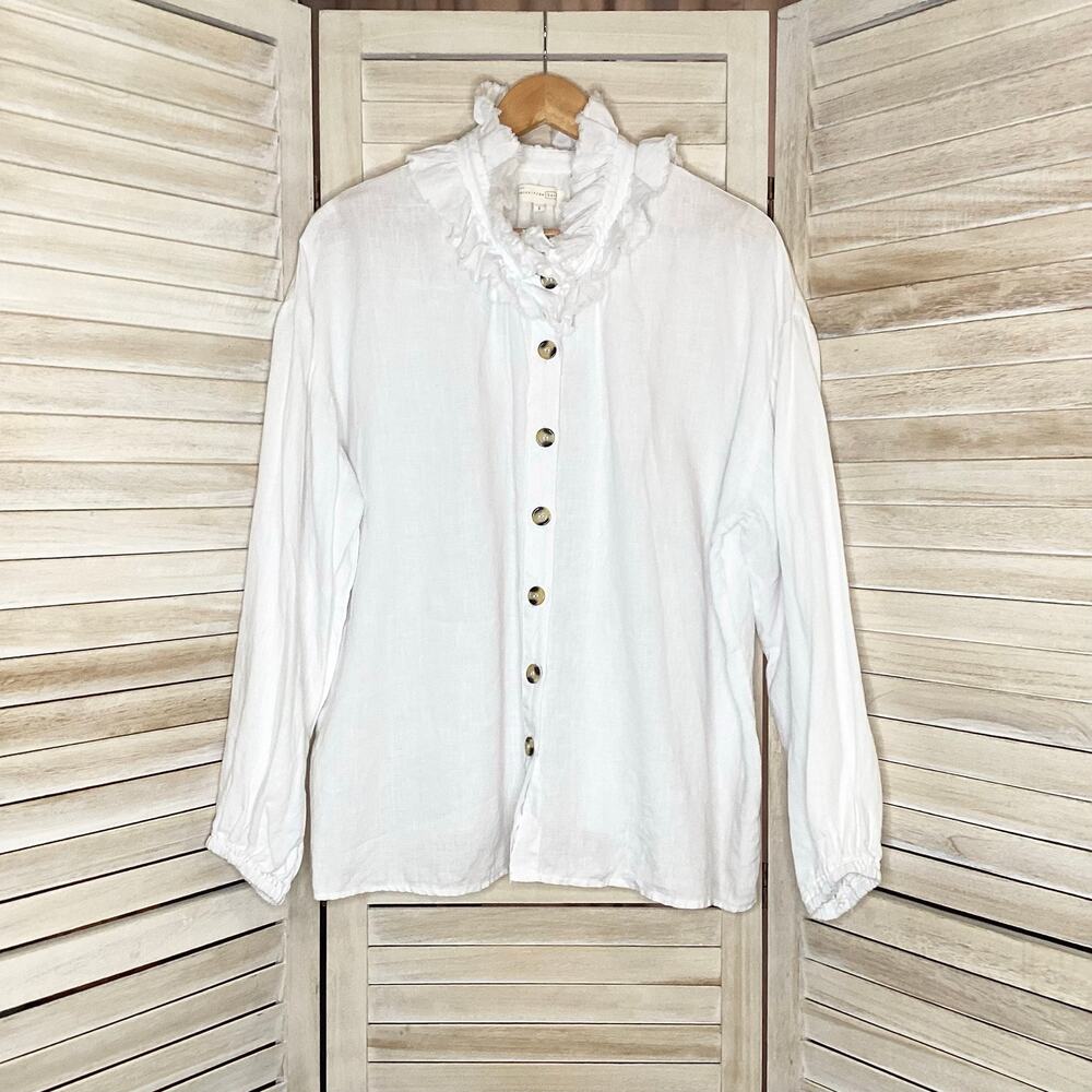 Hansel from Basel Rika 100% Linen White Ruffle Collar Poet Peasant Blouse 3 XL